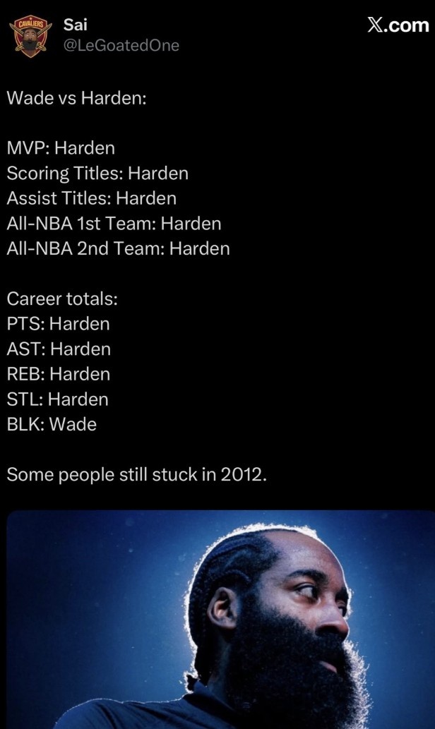 贝弗利转发数据对比力证哈登强于韦德