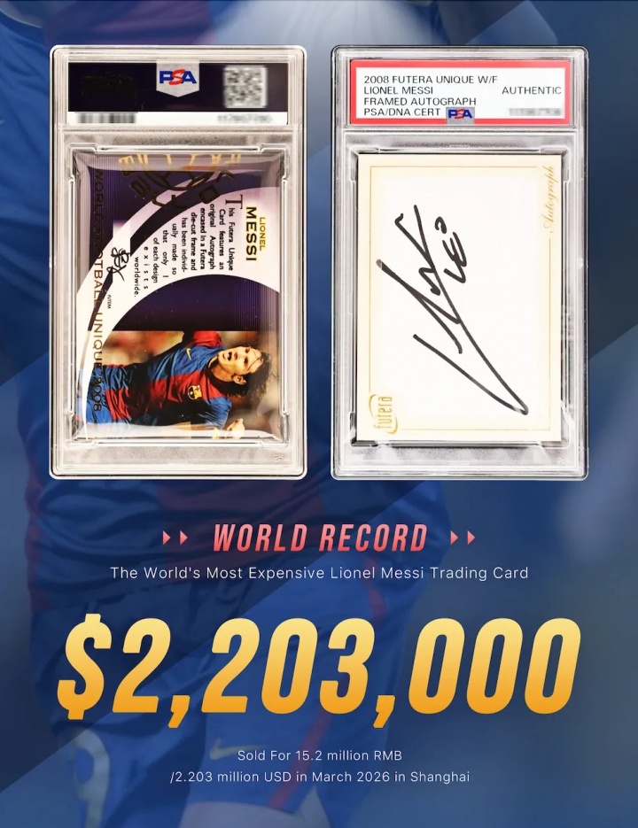 梅西一编一签字卡上海1520万成交 一年涨幅超300倍创全球纪录 梅西一编一签字卡上海1520万成交 一年涨幅超300倍创全球纪录