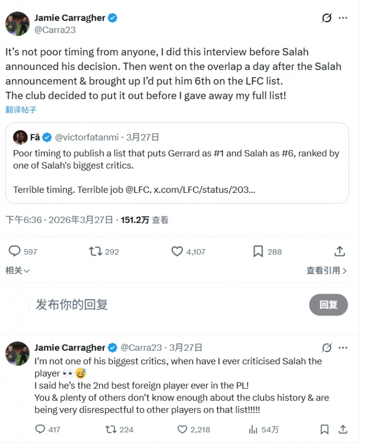 卡拉格回应萨拉赫排名争议 称球迷不尊重利物浦历史