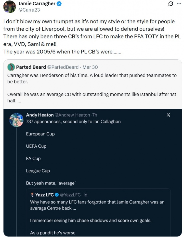 卡拉格回击平庸论 晒PFA最佳阵含金量