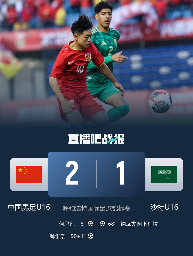 U16国足补时绝杀沙特 何思凡帅惟浩建功
