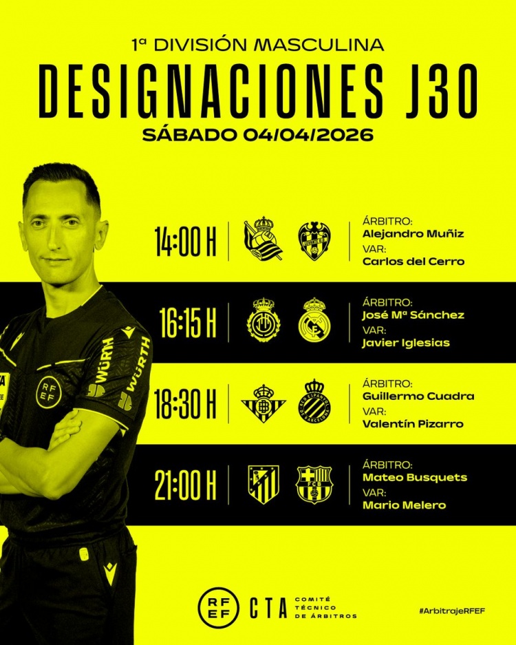 西甲裁判安排:马特奥·布斯克茨主哨马竞巴萨焦点战 西甲裁判安排:马特奥·布斯克茨主哨马竞巴萨焦点战