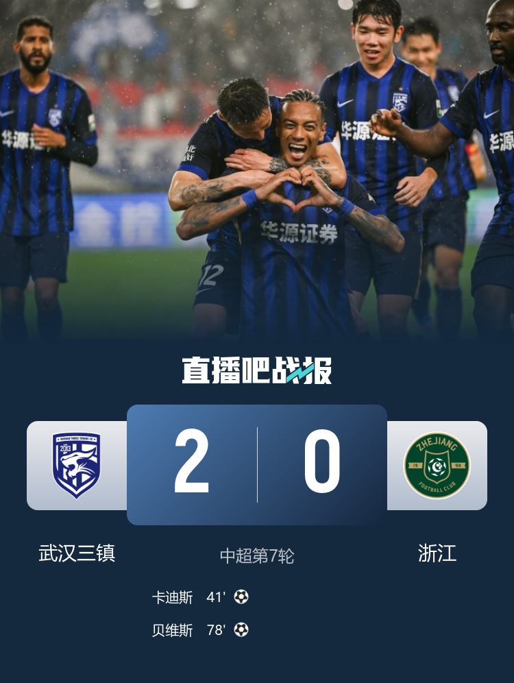 雨战破局 武汉三镇2-0浙江 积分转正