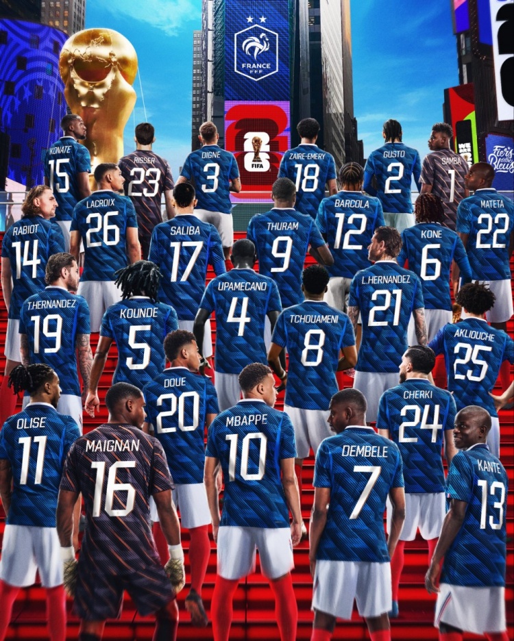 法国队26人号码确定：姆巴佩10号，登贝莱7号，奥利塞11号